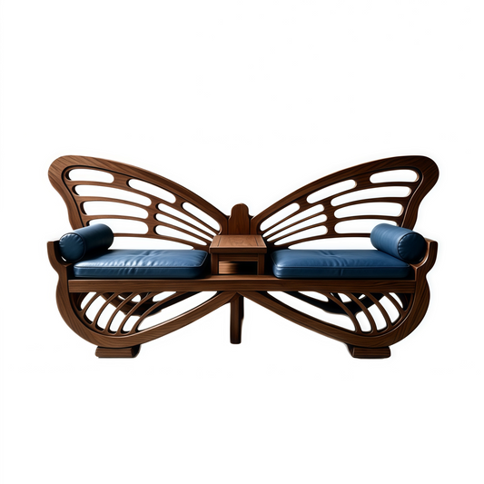 Black Walnut Butterfly Loveseat with Blue Cushions and Center Table