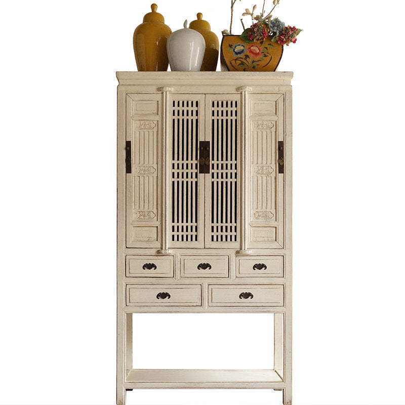 Distressed White 4-Door Storage Cabinet with 5 Drawers and Open Shelf
