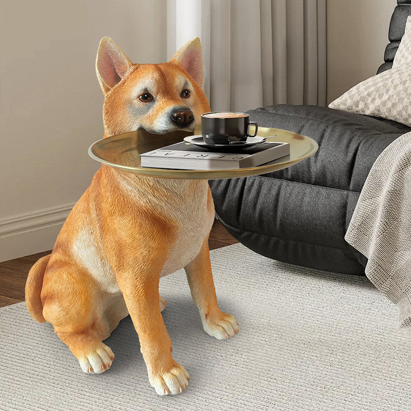 Shiba Inu Dog Statue Tray Holder, Yellow Resin Dog Floor Decor with Round Gold Tray, Cute Entryway Key Bowl Stand for Living Room, TV Cabinet, Bedroom and Housewarming Gift