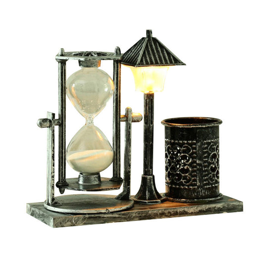 Vintage Hourglass Pen Holder Night Light, Retro Desk Organizer with Sand Timer and Color Changing Lamp, Metal Table Decor for Bedroom, Dorm Room, Office, Study, Living Room