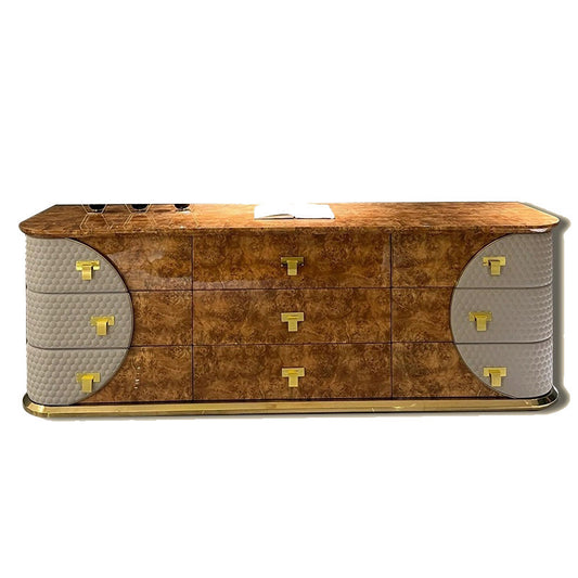 Modern 9-Drawer Dresser with Burl Wood Finish and Gold Accents