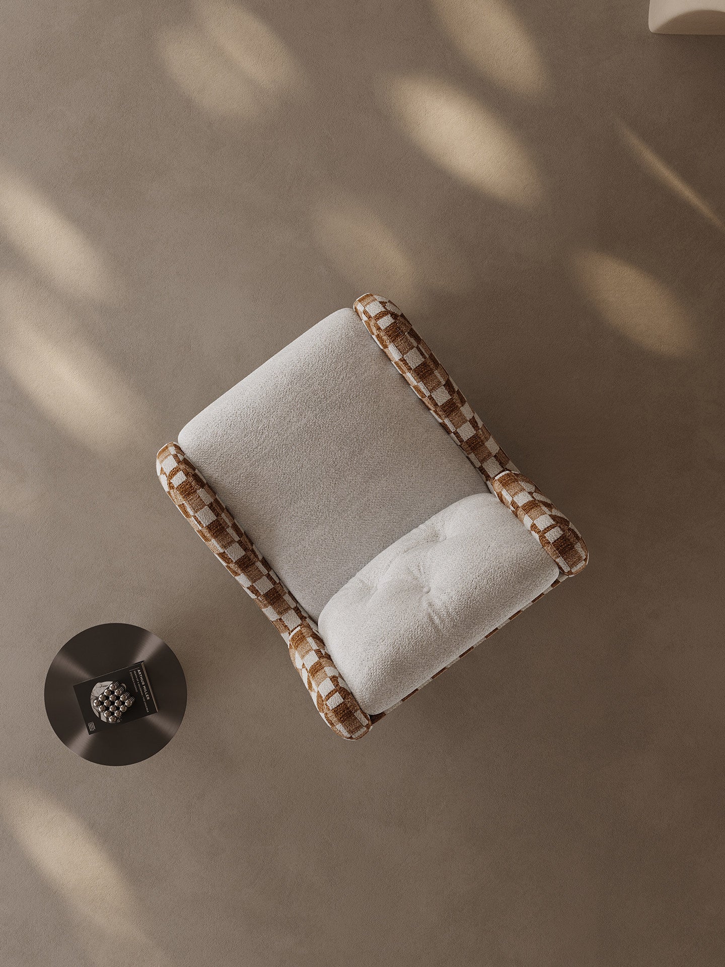 Modern Chenille Accent Chair with High Back, Upholstered Lounge Armchair, Oversized Reading Chair for Living Room, Bedroom &amp; Office, Contemporary Checkered Barrel Sofa Chair, Brown and Ivory