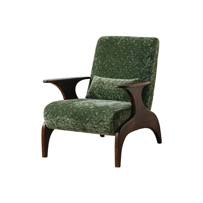 Green Vintage Accent Chair, Solid Wood Armchair with Upholstered Seat and Back, Mid Century Modern Lounge Chair with Lumbar Pillow for Living Room, Bedroom, Balcony, Reading Nook, Café and Guest Seating