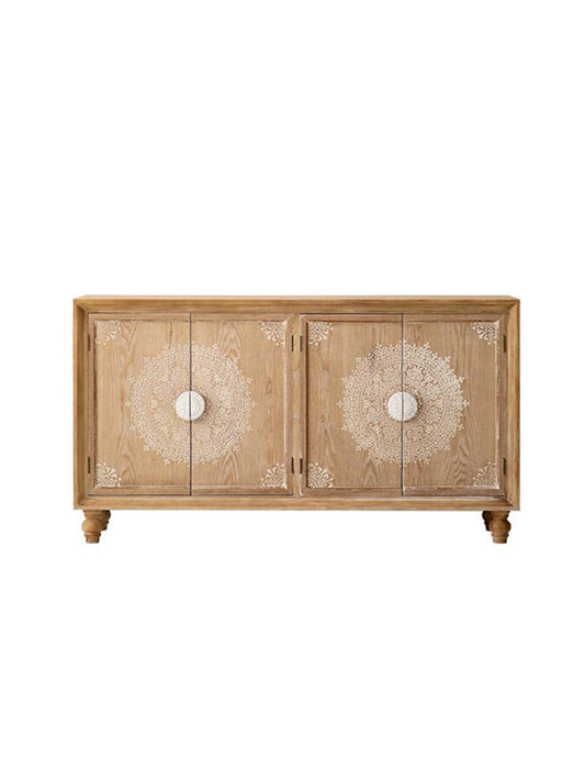 Natural Wood Carved Sideboard Cabinet, Solid Wood Entryway Storage Cabinet, Vintage Floral Mandala Door Buffet Cabinet, Rustic Living Room Credenza, Dining Room Console Cabinet