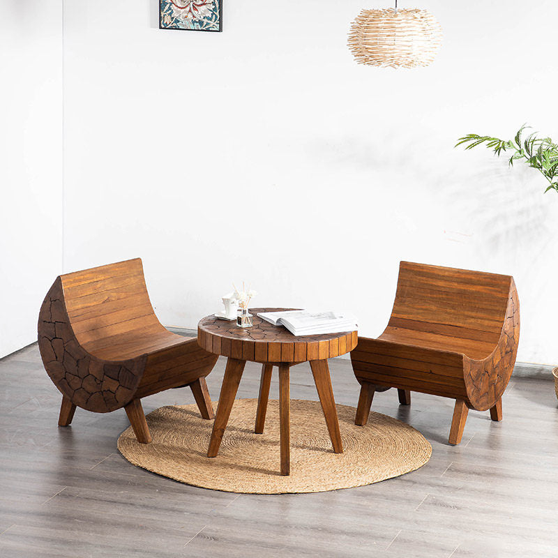 3 Piece Solid Wood Lounge Chair and Round Coffee Table Set, Rustic Small Space Living Room Sofa Set with Sculptural Wood Grain Design, Accent Chair Set for Balcony, Hotel, Club, Tea Room, and Apartment Decor