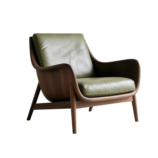 Black Walnut Wood Accent Chair with Olive Green Leather Cushion, Modern Lounge Armchair for Living Room, Bedroom, Reading Nook, Office and Hotel Reception