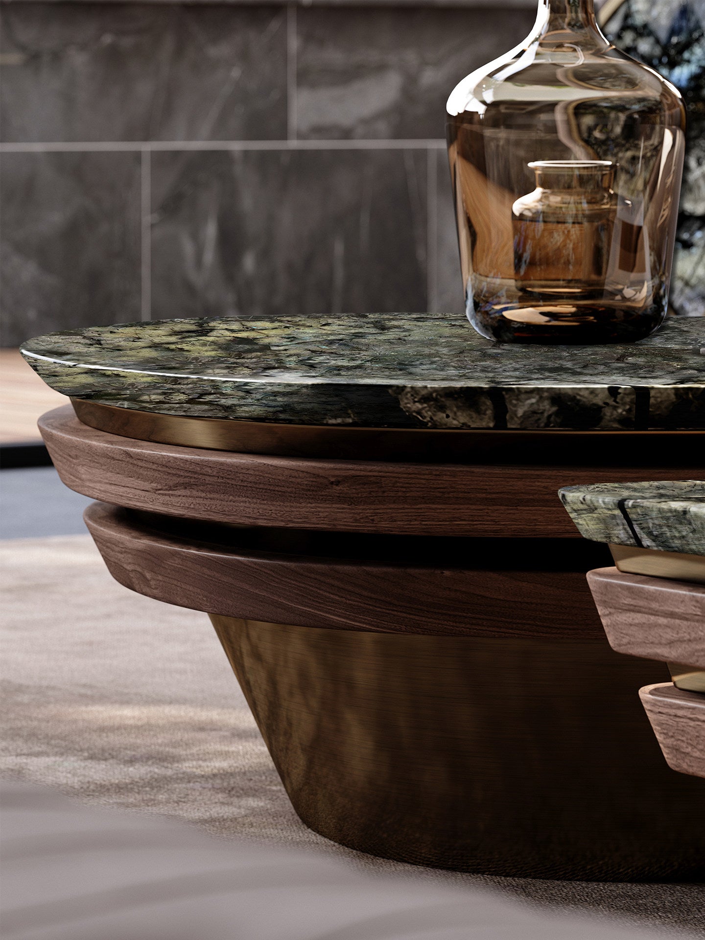 Sapphire-Tone Natural Stone Nesting Coffee Table Set, 2 Piece Shell Shaped Coffee Tables with Antique Bronze Base, Modern Luxury Center Table Set for Living Room, Lounge, Villa