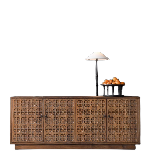 Solid Wood Sideboard Buffet Cabinet, Hand Carved Lattice Door Credenza with 4 Doors, Rustic Vintage Storage Cabinet for Dining Room, Living Room, Entryway and TV Stand Use