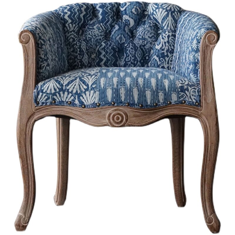 Blue Patchwork Barrel Accent Chair with Carved Wood Frame