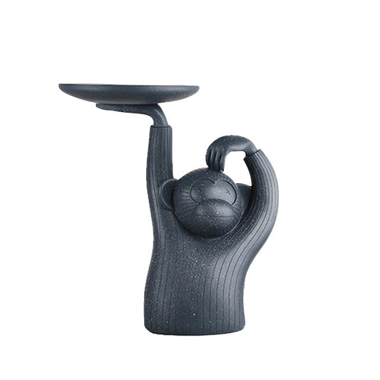 Dark Gray Sculptural Monkey Side Table with Round Serving Tray, Weighted Animal Accent End Table for Living Room, Bedroom, Sofa Side, Bedside and Small Spaces