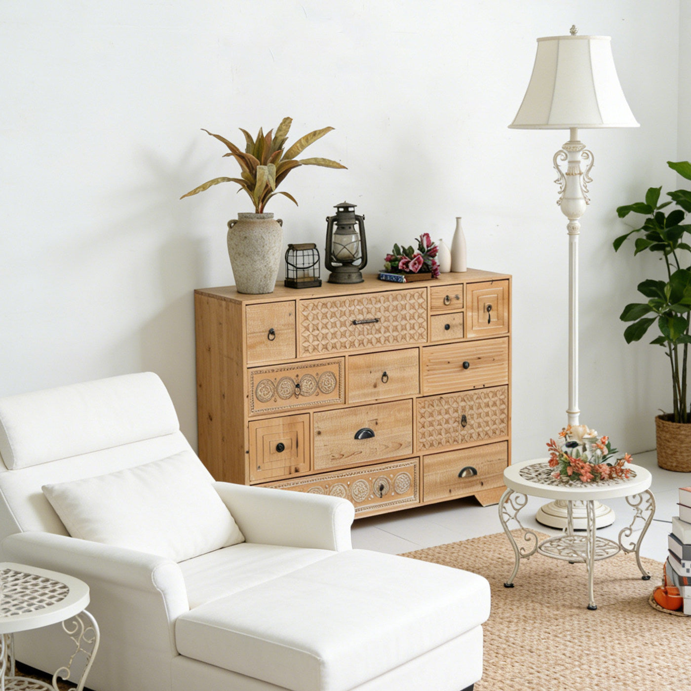 Solid Wood 12-Drawer Storage Chest, Rustic Carved Accent Cabinet
