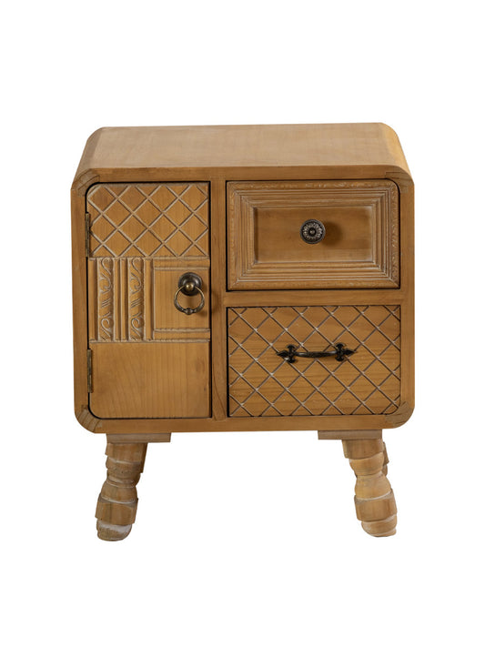 Vintage Solid Wood Nightstand with 2 Drawers and Cabinet Door, Carved Bedside Storage Table for Bedroom, Living Room and Hotel, Natural Brown