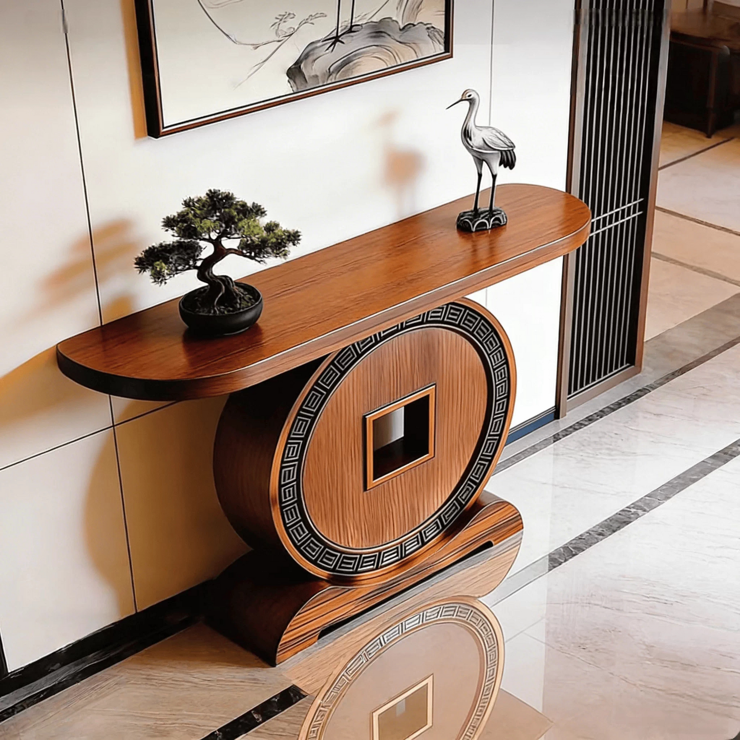 Solid Ash Wood Entryway Console Table, Round Coin-Inspired Pedestal Base, Walnut Finish Narrow Hallway Console Table, Modern Accent Sofa Table for Entryway, Foyer, Living Room &amp; Hallway
