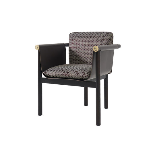 Modern Ash Wood Dining Armchair, Upholstered Accent Chair with Leather Wrapped Armrests, Patterned Cushioned Seat and Back, Contemporary Chair for Dining Room, Study, Bedroom or Lounge