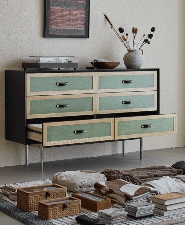 Six Drawer Dresser Cabinet, Green and Natural Wood Storage Chest with Metal Legs, Modern Accent Cabinet for Bedroom, Living Room, Entryway, Hallway, Closet, and Apartment Storage