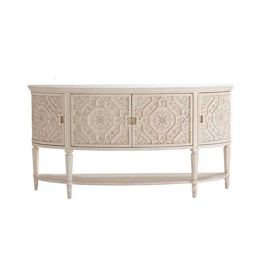 Ivory White Solid Wood 4-Door Sideboard Cabinet, French Vintage Carved Entryway Console with Geometric Floral Panels and Curved Front for Foyer, Living Room, Dining Room and Hallway