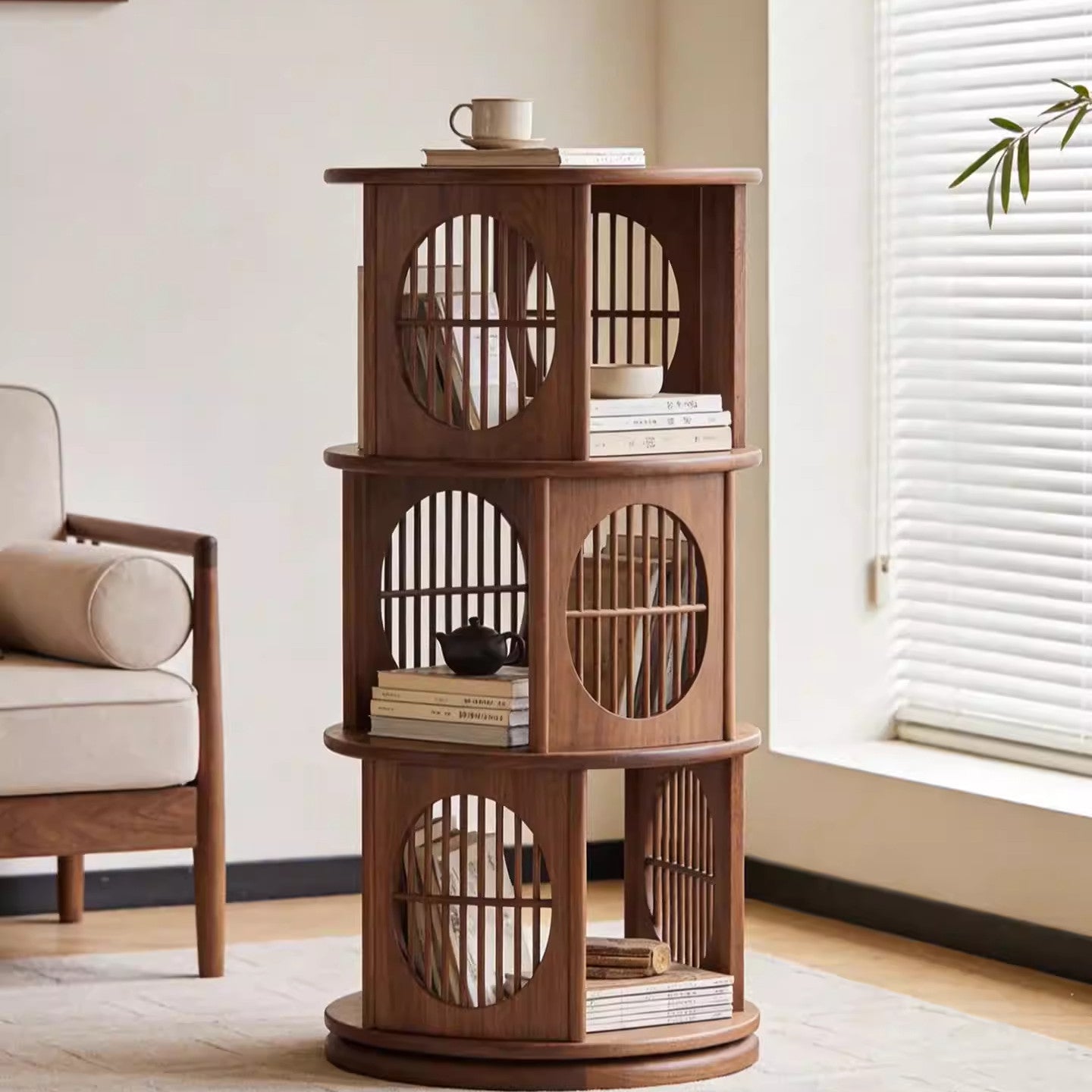 Solid Ash Wood Rotating Bookshelf, 3-Tier Round Display Shelf