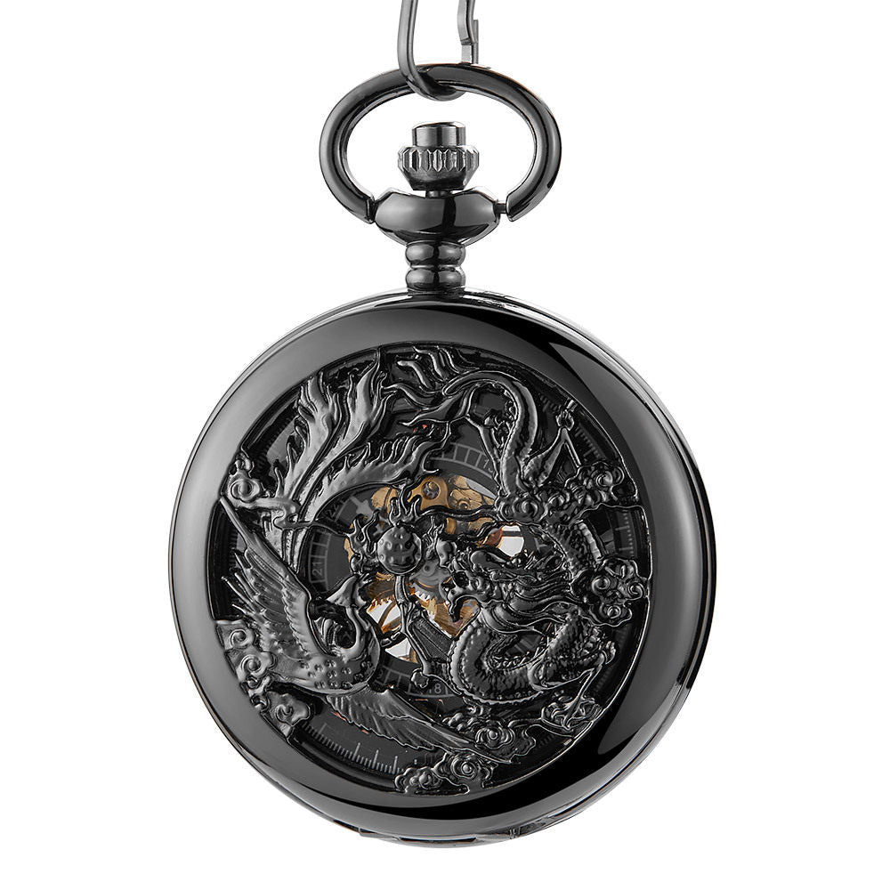 Black Dragon Phoenix Mechanical Pocket Watch, Hollow Skeleton Hand Wind Pendant Watch with Chain, Vintage Steampunk Pocket Watch for Men, Women, Collectors, Gift