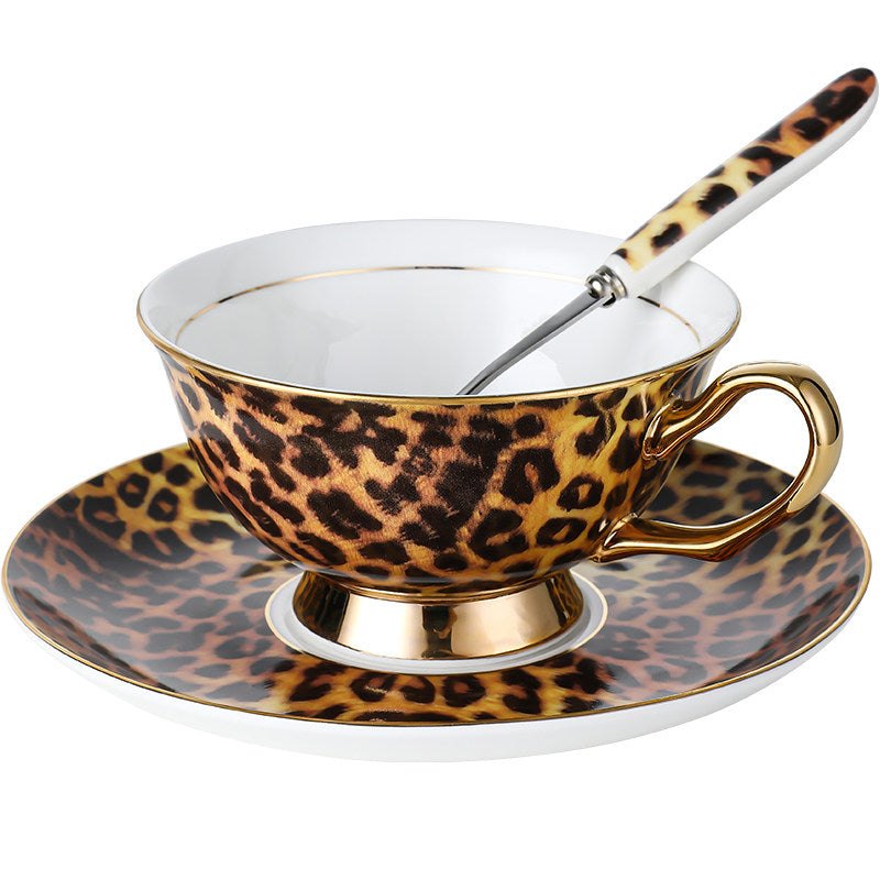 Leopard Print Ceramic Teacup and Saucer Set with Matching Spoon, Gold-Tone Handle and Footed Base, 3-Piece Coffee Cup Gift Set for Tea, Cappuccino, Espresso Drinks and Home Office
