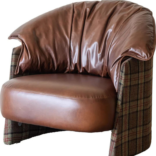 Vintage Brown Leather Accent Chair with Plaid Upholstered Sides