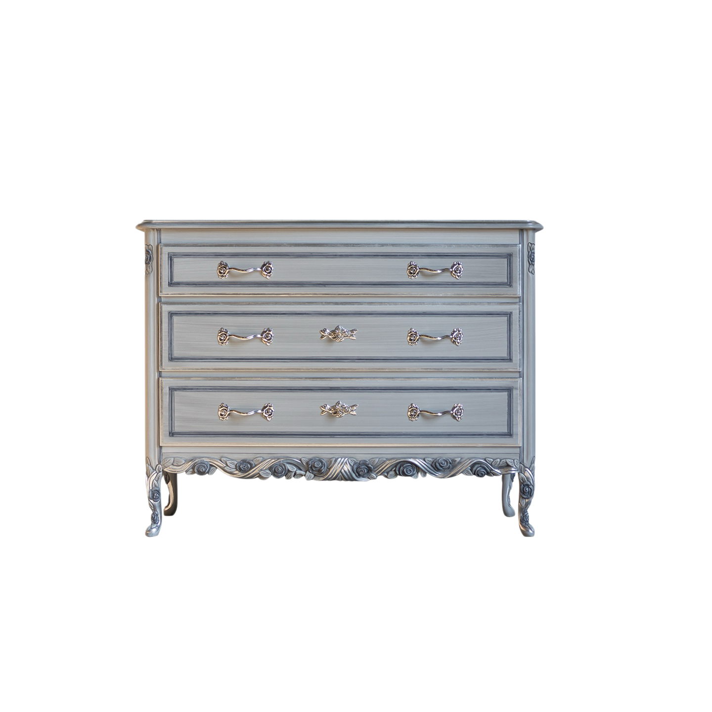 Vintage Style Solid Wood 3 Drawer Dresser, Distressed Blue Gray Chest of Drawers with Carved Base, French Country Storage Cabinet for Bedroom, Entryway, Dining Room, Living Room