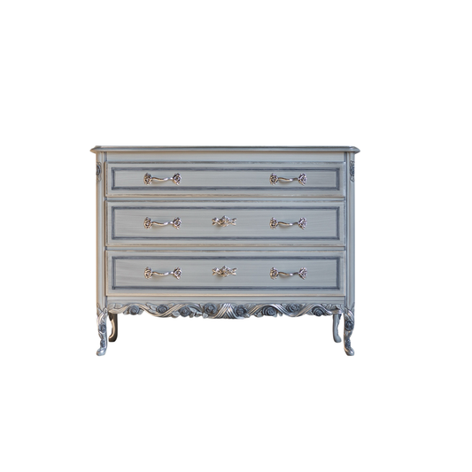 Vintage Style Solid Wood 3 Drawer Dresser, Distressed Blue Gray Chest of Drawers with Carved Base, French Country Storage Cabinet for Bedroom, Entryway, Dining Room, Living Room