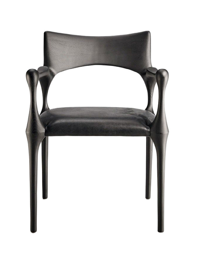 Modern Black Dining Chair with Arms, Sculptural High Back Accent Chair with Upholstered Seat and Back, Minimalist Designer Style Side Chair for Dining Room, Kitchen, Café, Restaurant and Living Room