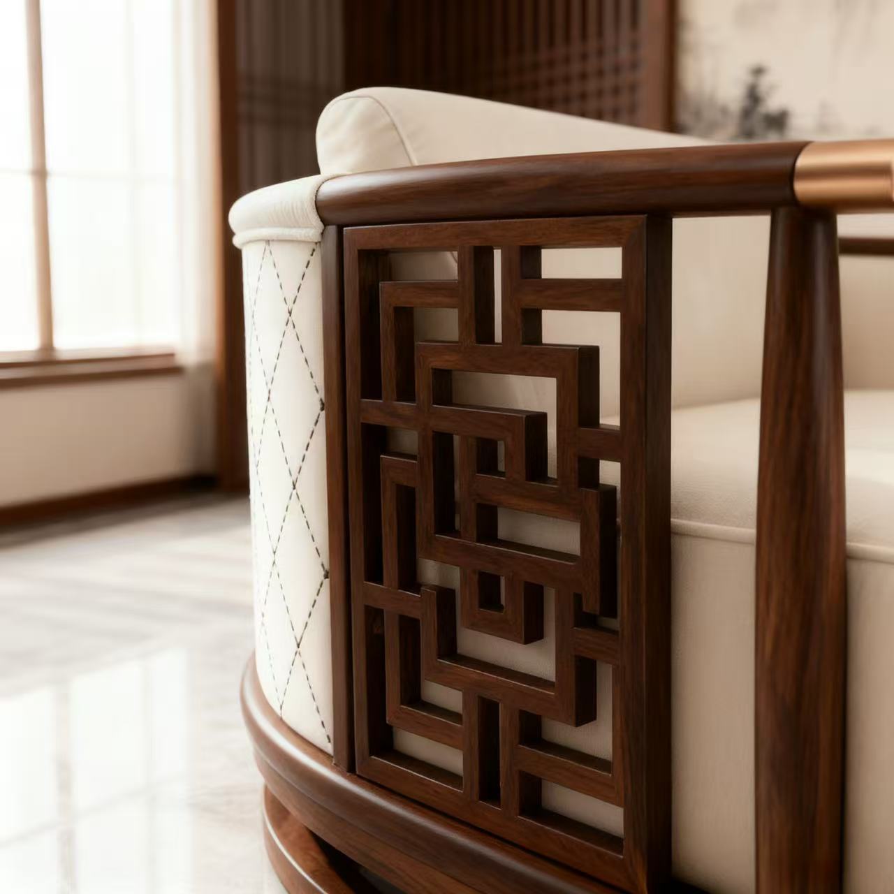 White Upholstered Ash Wood Barrel Accent Chair with Openwork Arms