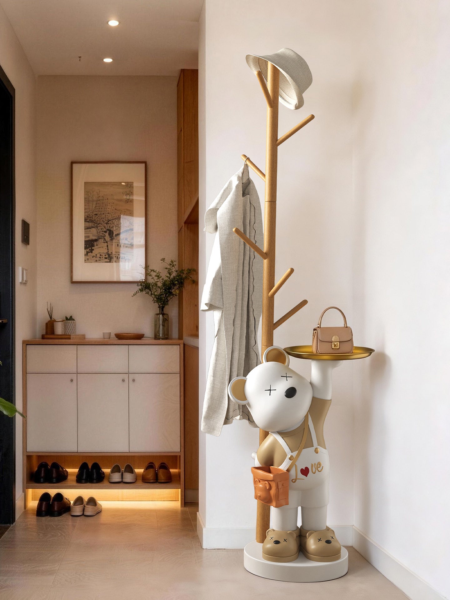 Modern Freestanding Coat Rack with Decorative Bear Statue and Storage Tray, Solid Wood Hall Tree with Hooks for Entryway, Bedroom, Living Room and Office, Natural Wood and White