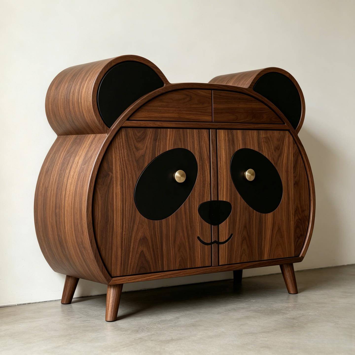 Solid Ash Wood Panda Storage Cabinet, Kids Sideboard Buffet Cabinet with Drawers &amp; Double Doors, Modern Walnut Finish Accent Storage Cabinet for Nursery, Playroom, Bedroom, Living Room &amp; Entryway