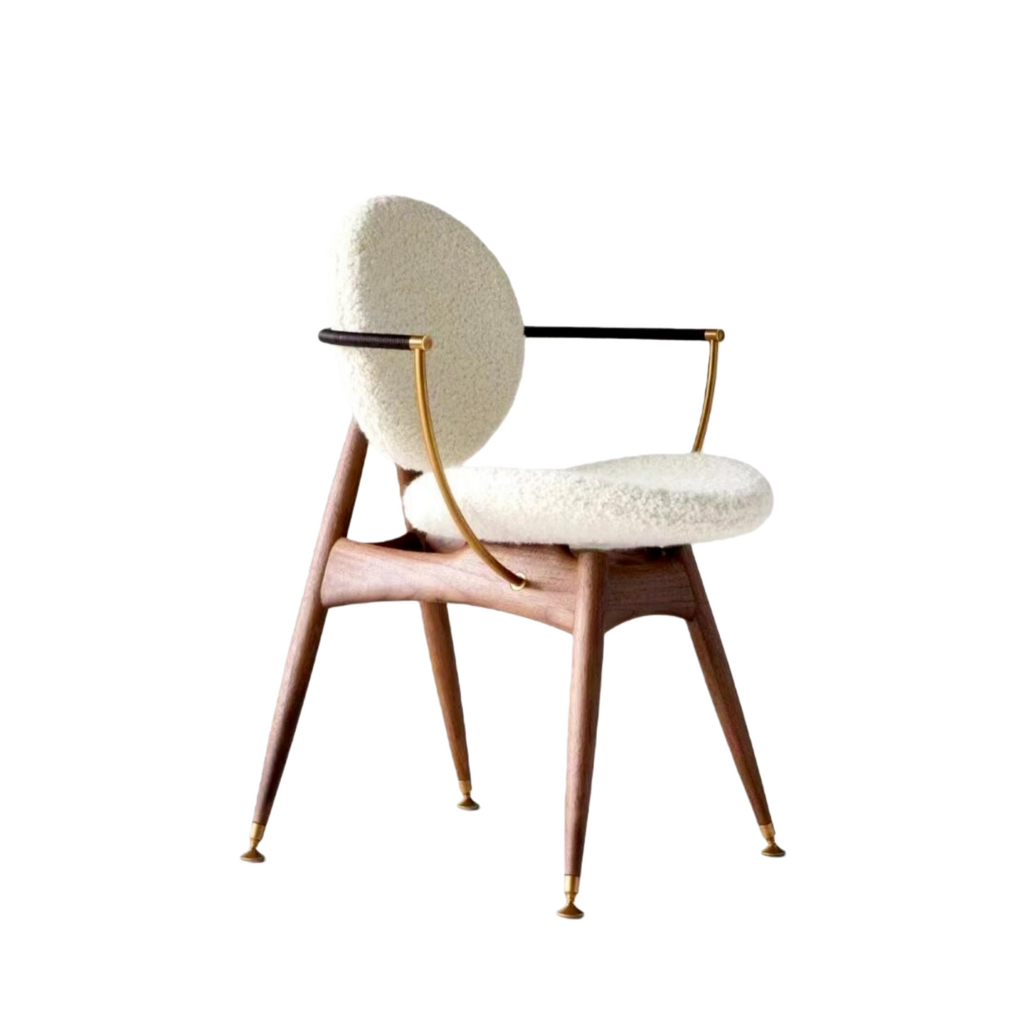 White Boucle Dining Chair with Wood Frame and Brass Tone Arms, Modern Sherpa Accent Chair for Dining Room, Living Room, Cafe, Bedroom, Reception Area and Home Office