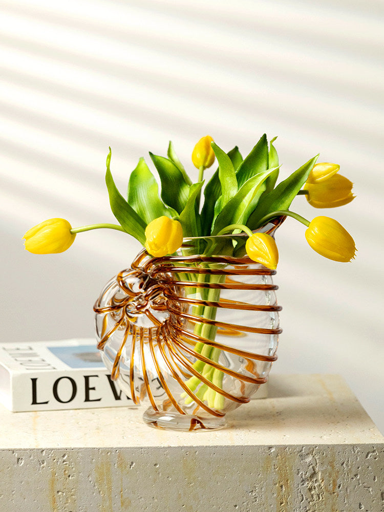 Amber Glass Conch Shell Vase, Large Nautilus Decorative Tabletop Sculpture