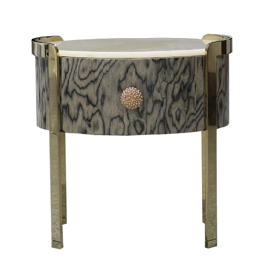 Gray Wood-Grain Round Nightstand with Artificial Marble Top, One-Drawer Curved Bedside Table with Gold-Tone Metal Frame and Crystal-Style Knob for Bedroom, Guest Room and Living Room