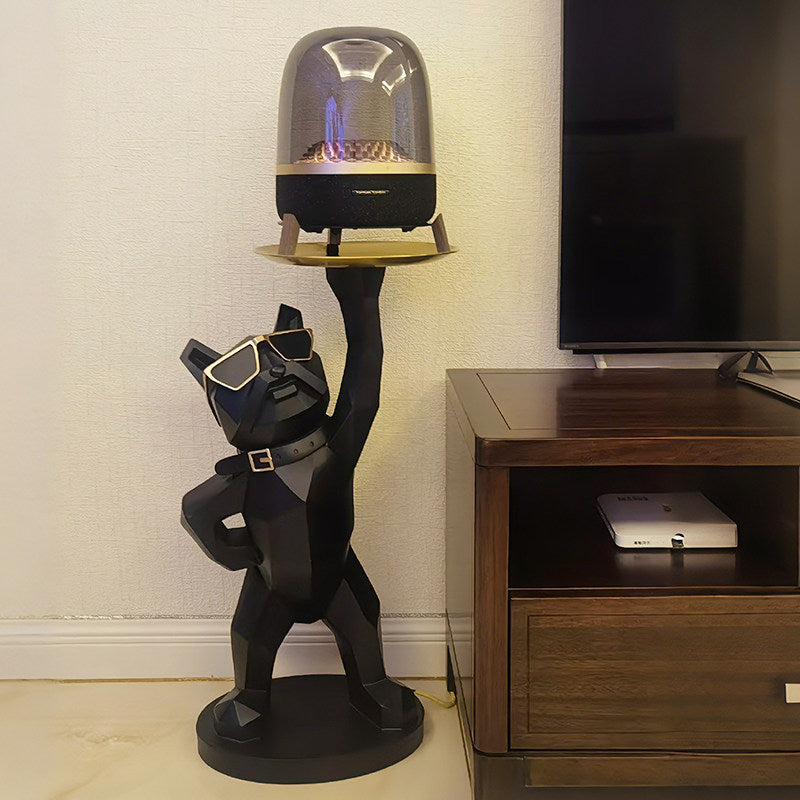 Black Resin French Bulldog Floor Statue with Round Tray, Geometric Dog Side Table Sculpture with Sunglasses for Living Room, Entryway, Bedroom, Office or Housewarming Gift