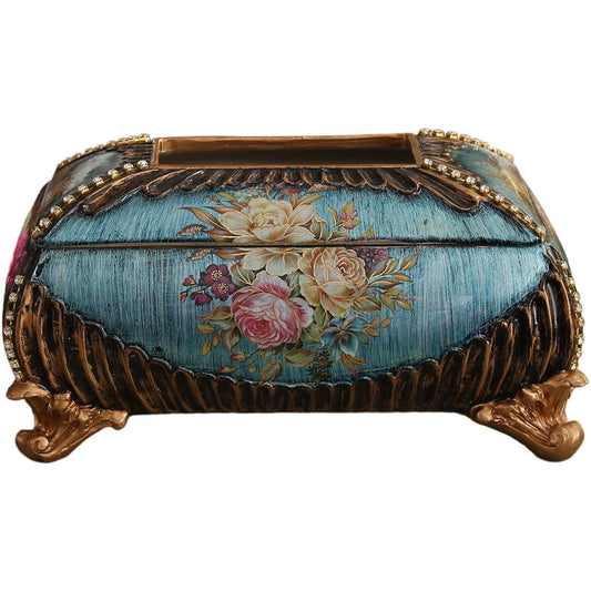 Blue Wood Grain Tissue Box Cover, Ornate Resin Facial Tissue Holder with Floral Design, Vintage Style Decorative Napkin Dispenser for Living Room, Dining Table, Bathroom, Office, Bedroom Decor