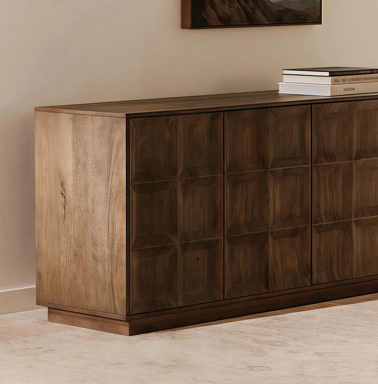 Modern Solid Wood Sideboard Cabinet, 4 Door Buffet Cabinet with Raised Geometric Panel Front, Wabi Sabi Credenza Storage Cabinet for Dining Room, Living Room or Entryway