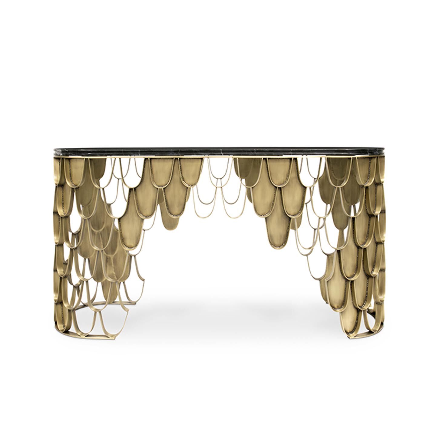Black Marble Top Console Table with Gold Fish Scale Metal Base