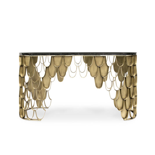 Black Marble Top Console Table with Gold Fish Scale Metal Base