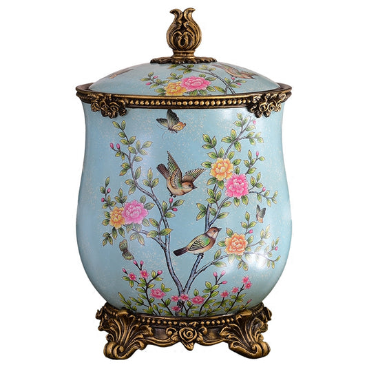 Light Blue Floral Lidded Trash Can, Decorative Resin Waste Bin with Bird and Flower Design, Vintage Style Storage Bucket for Bathroom, Bedroom, Living Room, Office, Entryway Decor