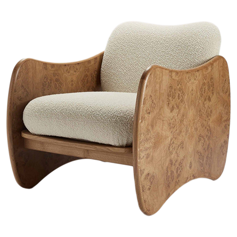 Modern Beige Boucle Accent Chair, Solid Ash Wood Lounge Armchair with Curved Side Panels, Upholstered Sherpa Single Sofa Chair for Living Room, Bedroom, Apartment, Hotel Lobby