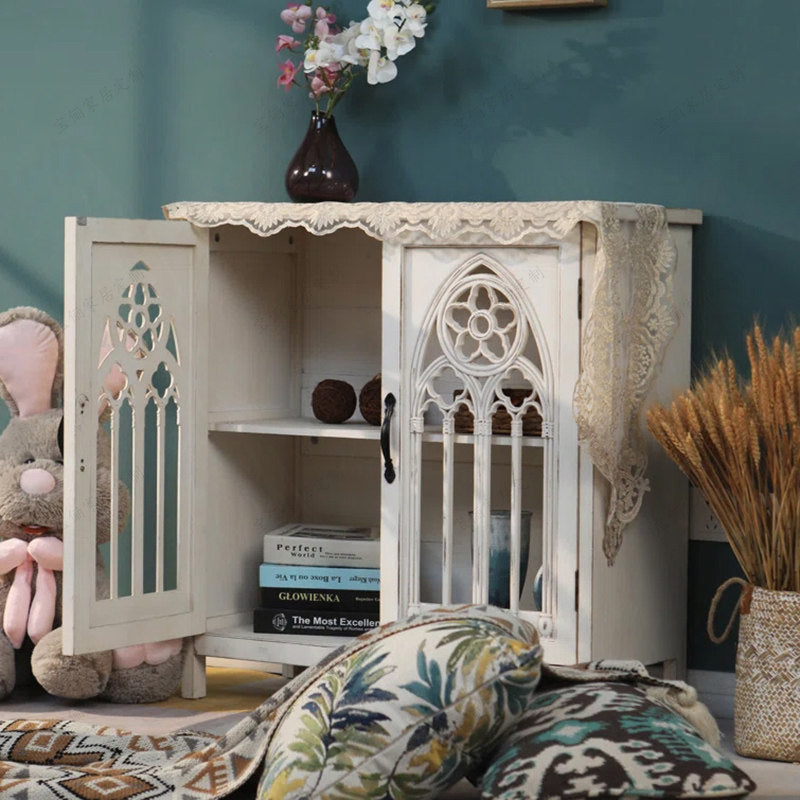 Ivory Wood Storage Cabinet with Gothic Glass Doors, 2-Door Sideboard