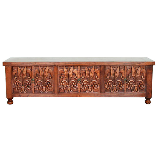 Solid Elm Wood TV Stand, 6-Door Carved Media Console