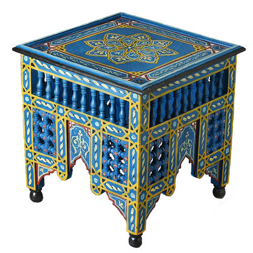 Moroccan Style Hand Painted Coffee Table, Square Boho Low Tea Table, Blue Wood Side Table with North African Pattern for Living Room, Floor Seating, Patio or Bedroom Decor