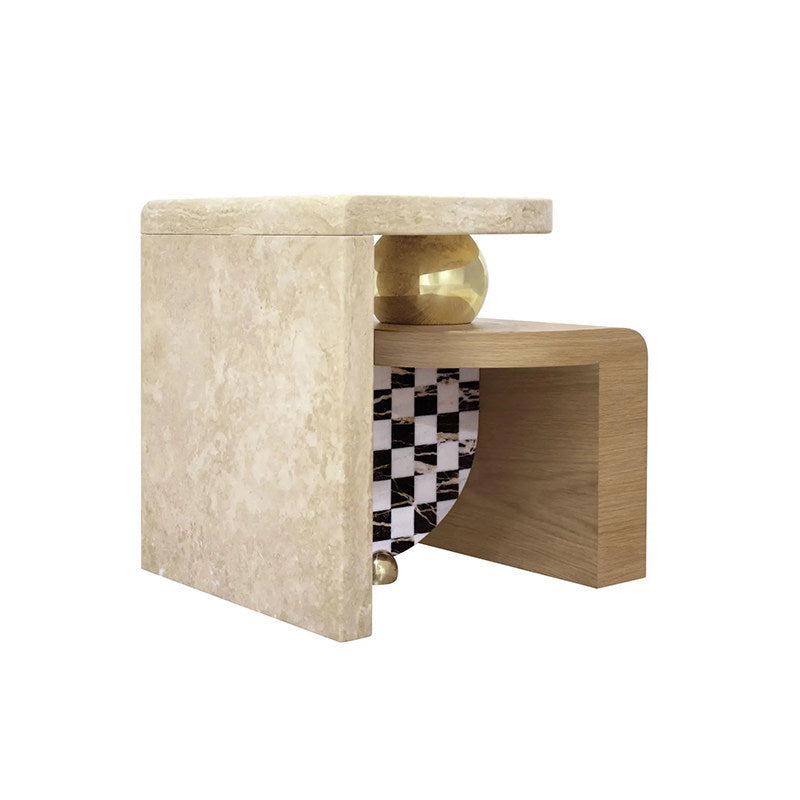 Natural Wood Side Table with Checkerboard Accent for Bedroom