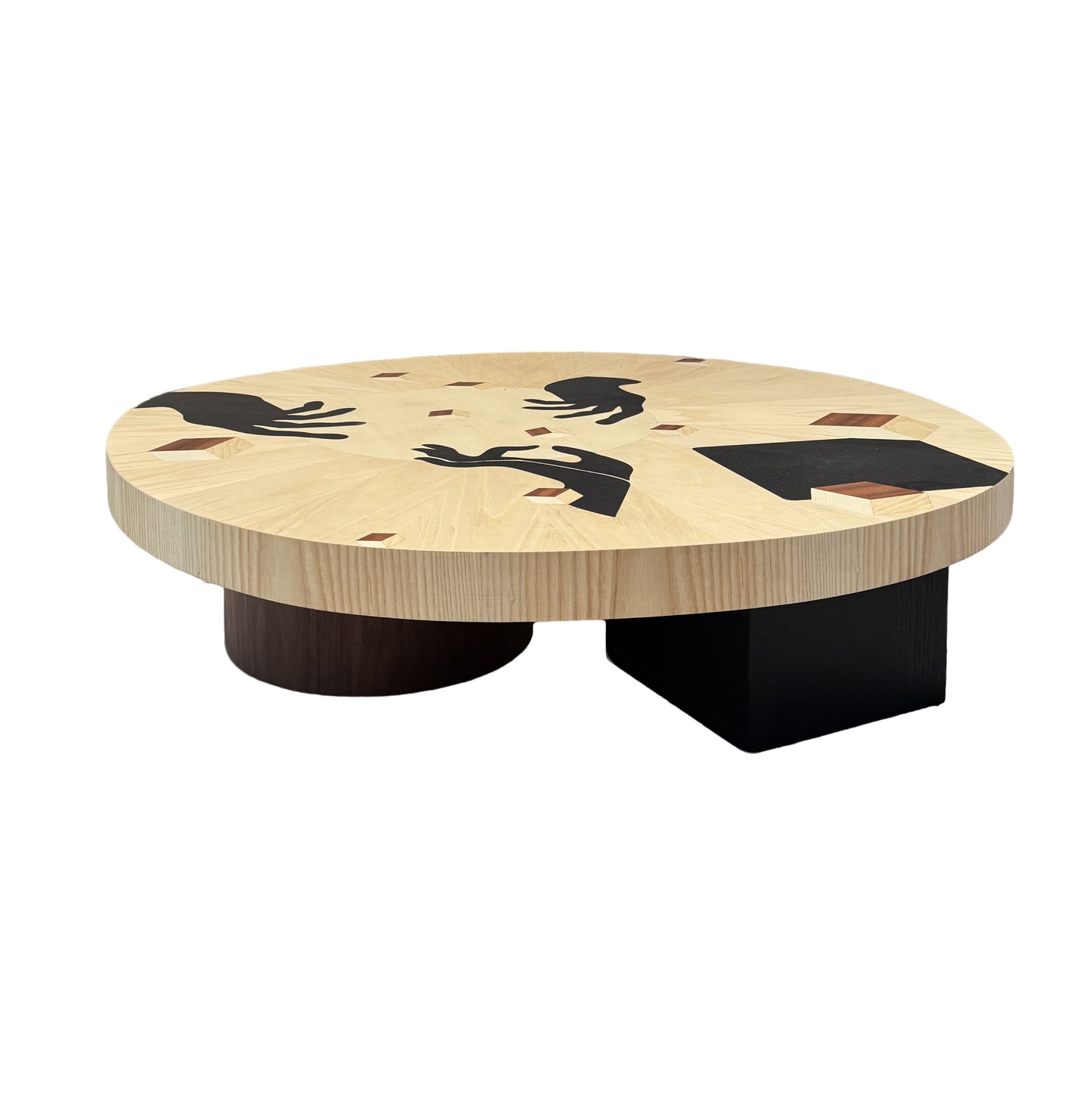 Round Solid Wood Coffee Table, Low Profile Wabi Sabi Style Center Table, Vintage Modern Wooden Cocktail Table with Abstract Inlay Design, Large Living Room Coffee Table for Sofa, Lounge, Apartment