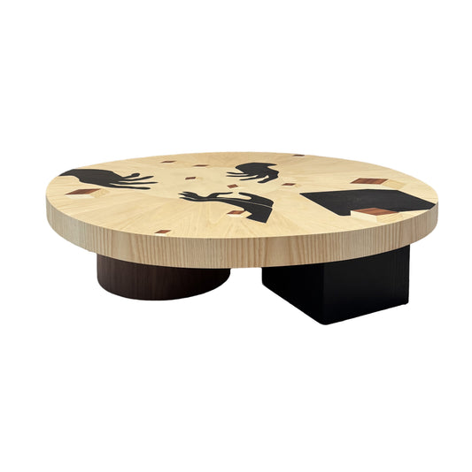 Round Solid Wood Coffee Table, Low Profile Wabi Sabi Style Center Table, Vintage Modern Wooden Cocktail Table with Abstract Inlay Design, Large Living Room Coffee Table for Sofa, Lounge, Apartment