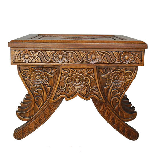 Hand-Carved Solid Elm Wood End Table, Square Floral Accent Table with Sculpted Crossed Legs, Brown Sofa Side Table for Living Room, Lounge or Tea Room