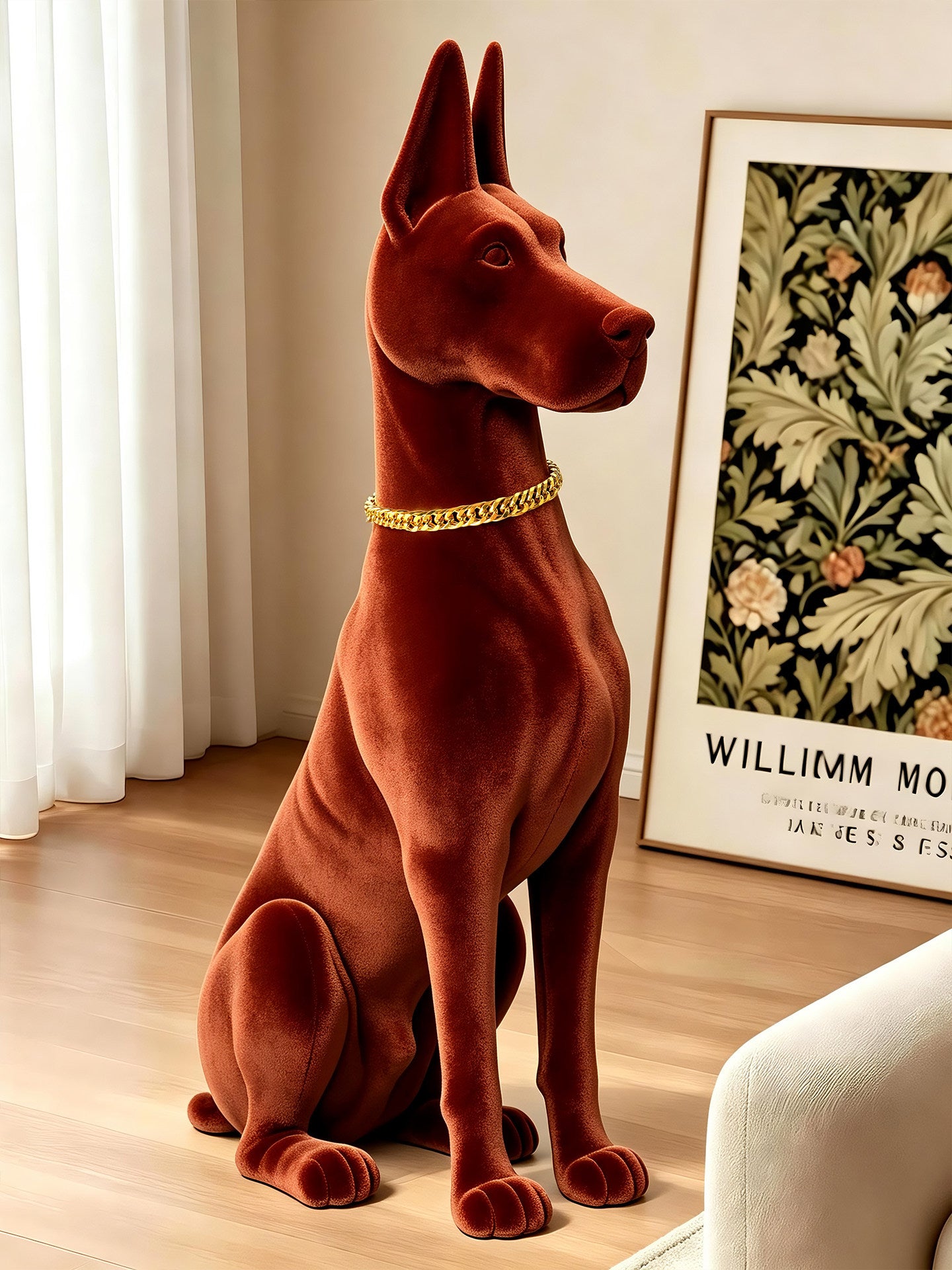 Large Doberman Dog Statue, Velvet-Look Flocked Floor Sculpture with Gold Chain Collar, Modern Guard Dog Figurine Decor for Entryway, Living Room, TV Stand, Office, Housewarming Gift