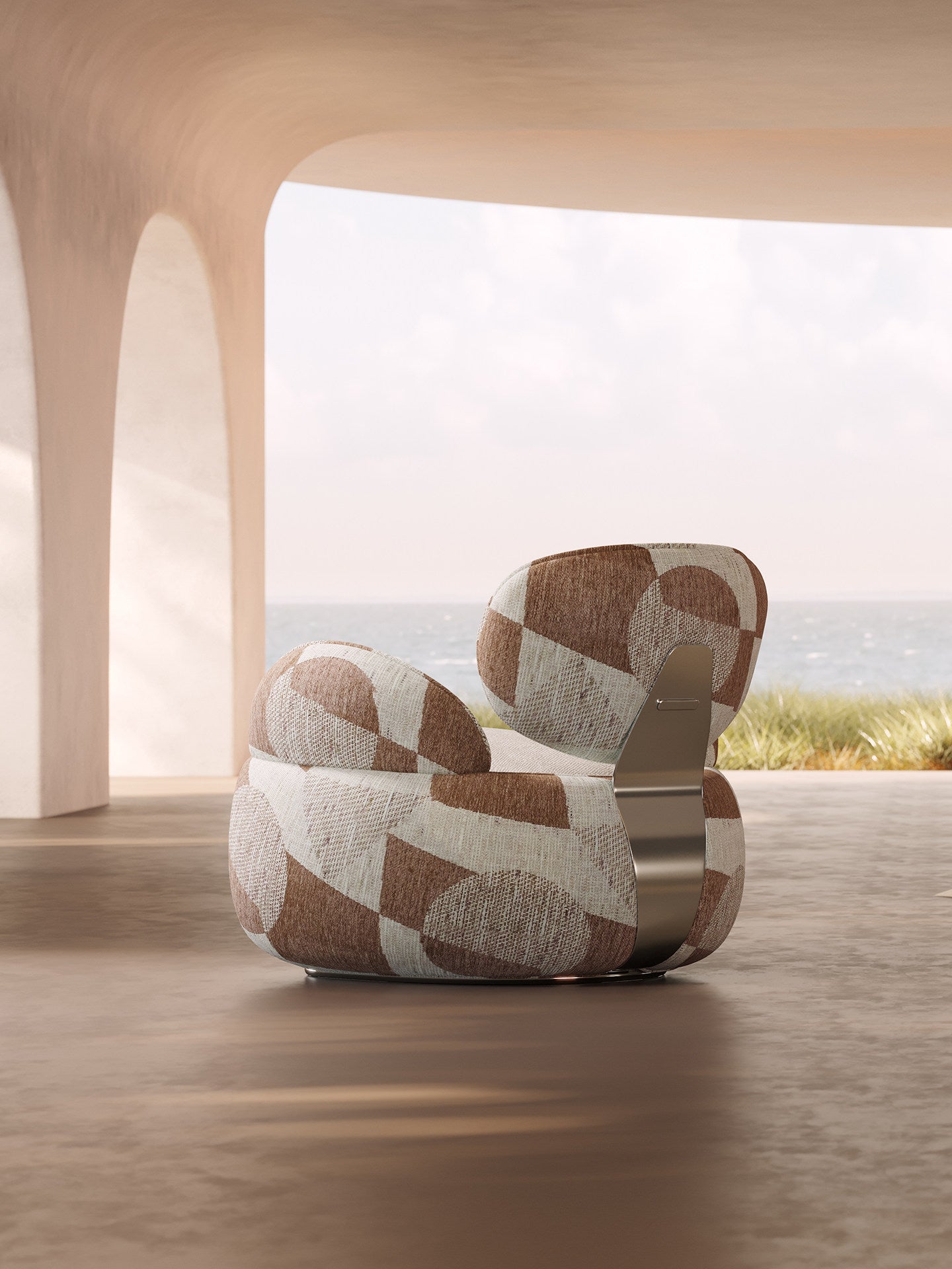 Modern Teddy Bouclé Swivel Accent Chair, Upholstered Lounge Armchair with High-Density Foam Cushion, Designer Barrel Sofa Chair for Living Room, Bedroom, Reading Nook, Apartment &amp; Hotel, Geometric Patchwork Beige