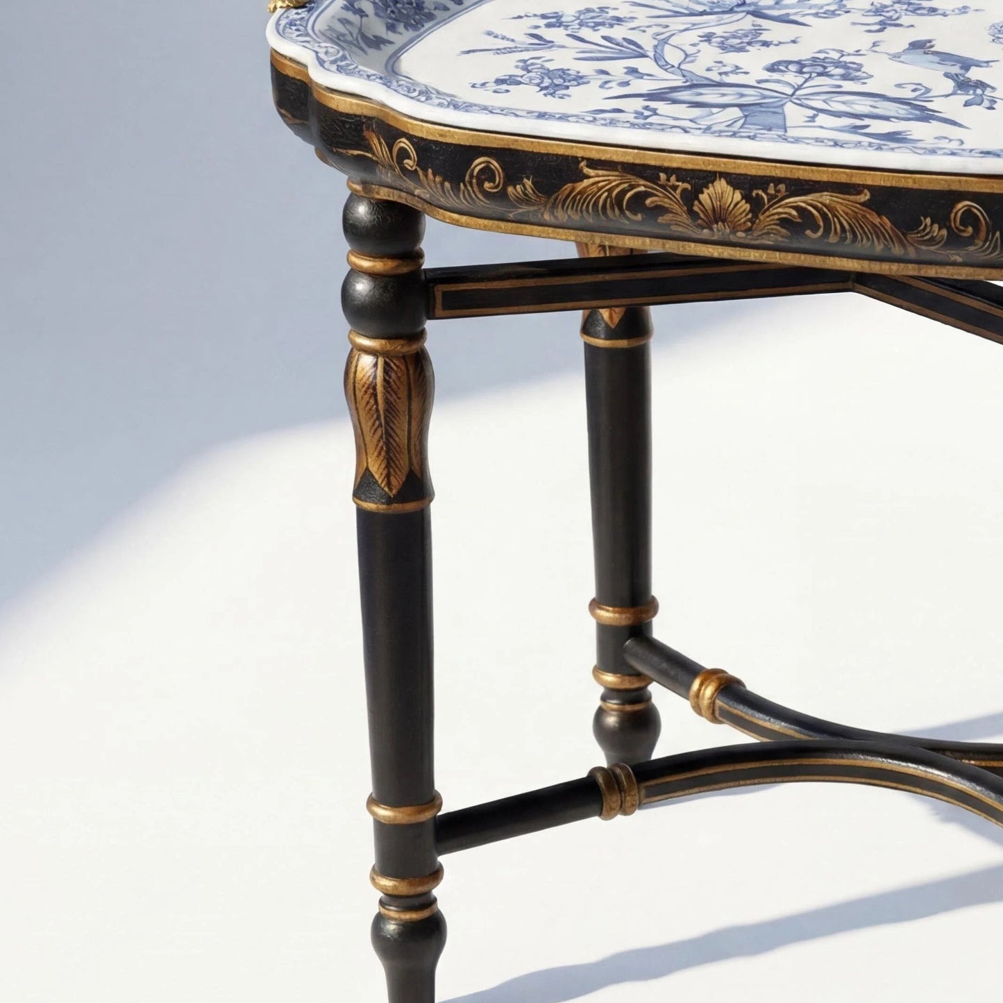 Blue and White Ceramic Tray Side Table with Brass Tone Handles, Hand Painted Porcelain Accent Table, Black Leg End Table for Living Room Bedroom Coffee Tea Table